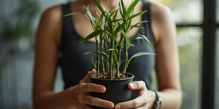 Mulher vestindo regata preta segurando um vaso preto com planta bambu da sorte em ambiente interno