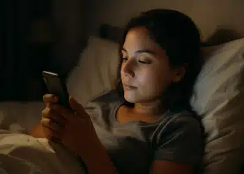 Mulher deitada na cama usando celular