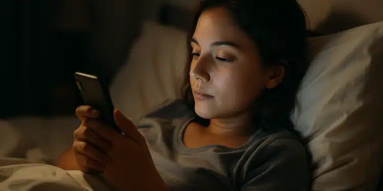 Mulher deitada na cama usando celular