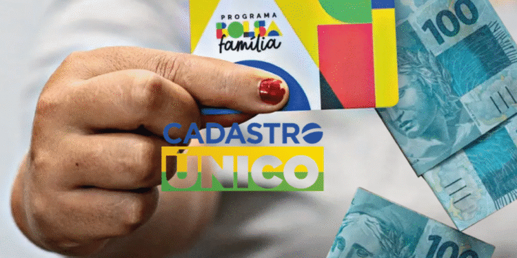 Cartão do programa Bolsa Família sendo segurado, com notas de 100 reais ao fundo e o logo do Cadastro Único, destacando a necessidade de atualização para continuar recebendo o benefício.