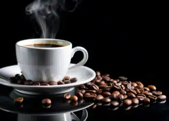 Uma xícara de café fumegante acompanhada de grãos de café, ilustrando a relação entre o consumo de café e o sono.