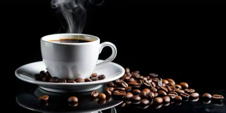 Uma xícara de café fumegante acompanhada de grãos de café, ilustrando a relação entre o consumo de café e o sono.