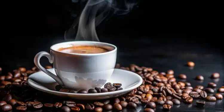 Xícara de café fumegante cercada por grãos de café frescos, com uma espuma suave sobre a bebida.