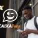 Jovem usando celular com logotipo do aplicativo Caixa Tem ao lado.