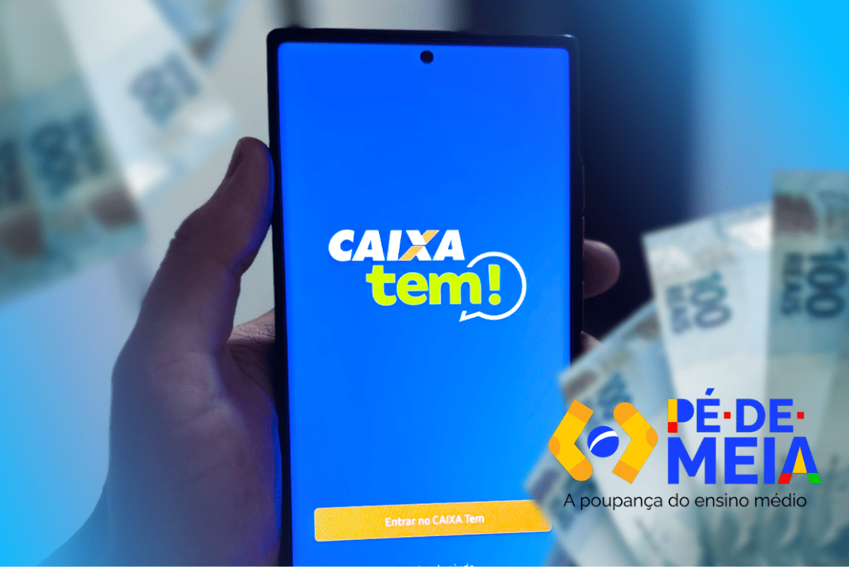 Aplicativo Caixa Tem aberto no celular com cédulas de dinheiro ao fundo, ilustrando o funcionamento do recebimento e movimentação do Pé-de-Meia.