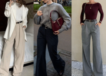 Modelos femininos de calças de alfaiataria em cores bege, preta listrada e cinza com blusas elegantes