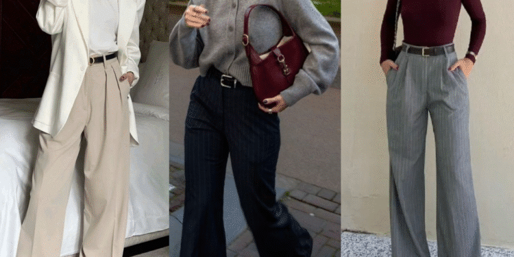 Modelos femininos de calças de alfaiataria em cores bege, preta listrada e cinza com blusas elegantes