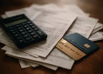 Calculadora, cartões de crédito e boletos sobre a mesa