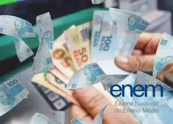 Dinheiro e cédulas do Brasil flutuando com foco em uma mão segurando notas de R$ 100 e R$ 50. Como ganhar até R$ 10 mil no Enem 2025? Descubra como funciona o projeto.