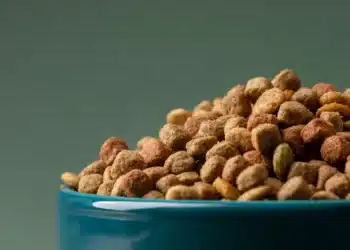 Close-up de croquetes de ração para animais, com uma variedade de cores e texturas, simbolizando a profissão inusitada de provador de ração para pets.