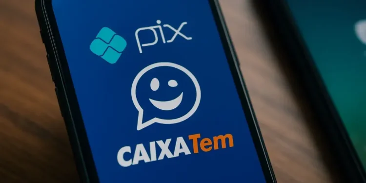 Aplicativo Caixa Tem exibindo logotipo do PIX e a mensagem de liberação de R$ 1.047,29 para beneficiários.