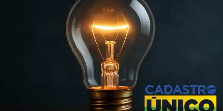 Imagem de uma lâmpada acesa com o logo do Cadastro Único (CadÚnico) ao lado, representando o benefício de conta de luz gratuita ou com desconto para inscritos.