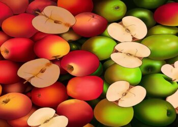 Desafio visual com diversas maçãs vermelhas e verdes frescas inteiras e cortadas ao meio mostrando o interior