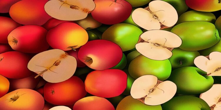 Desafio visual com diversas maçãs vermelhas e verdes frescas inteiras e cortadas ao meio mostrando o interior