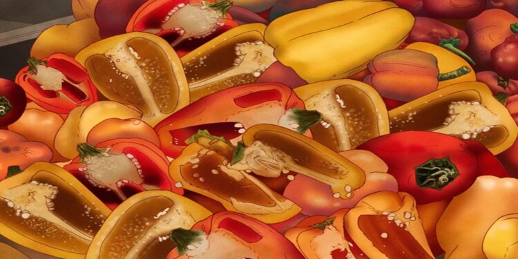 Desafio visual com pimentões vermelhos, amarelos e laranja cortados ao meio mostrando sementes e interior em close com fundo de outros pimentões inteiros.