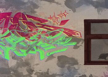 Desafio visual com grafite em tons vermelhos e verdes na parede desgastada ao lado de uma janela com moldura marrom.