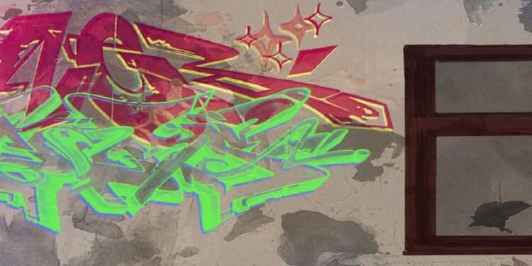 Desafio visual com grafite em tons vermelhos e verdes na parede desgastada ao lado de uma janela com moldura marrom.