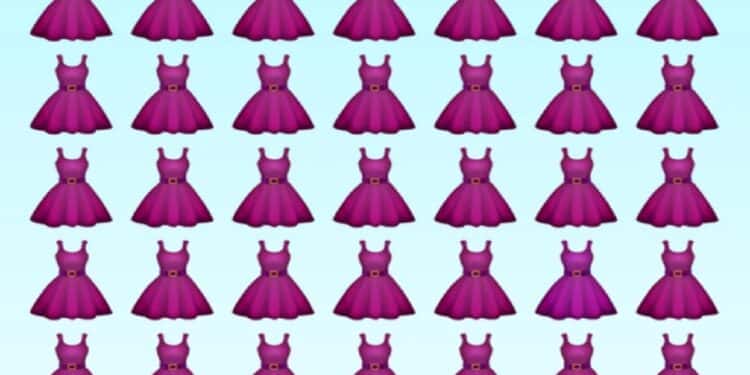 Desafio visual com vestidos rosas com cinto dispostos em linhas sobre fundo azul claro