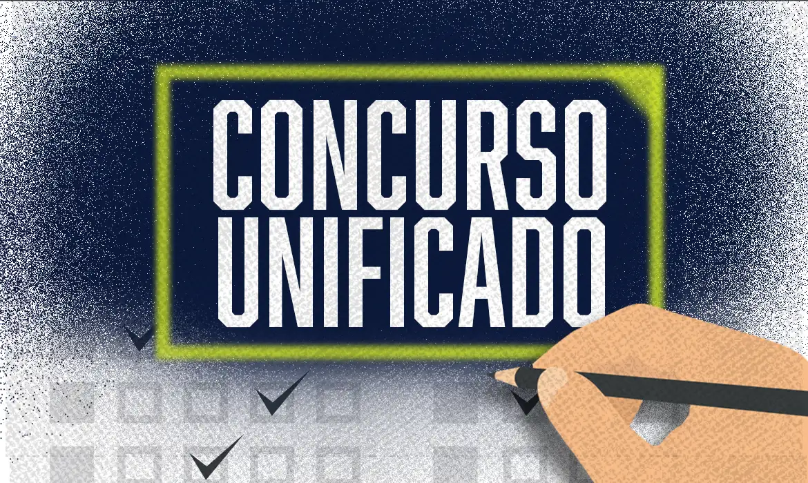 Imagem gráfica com a frase 'Concurso Unificado' e uma mão marcando caixas de seleção, representando a retificação do Concurso Nacional Unificado (CNU) 2025.