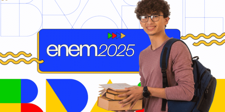 Estudante segurando livros com mochila e um banner escrito "Enem 2025".