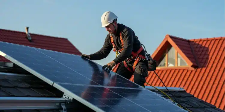 Pessoa instalando painel solar em telhado para aproveitar energia renovável.