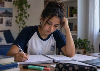 Estudante revisando conteúdos em casa, representando a preparação para o Enem 2026 nas últimas semanas antes da prova.
