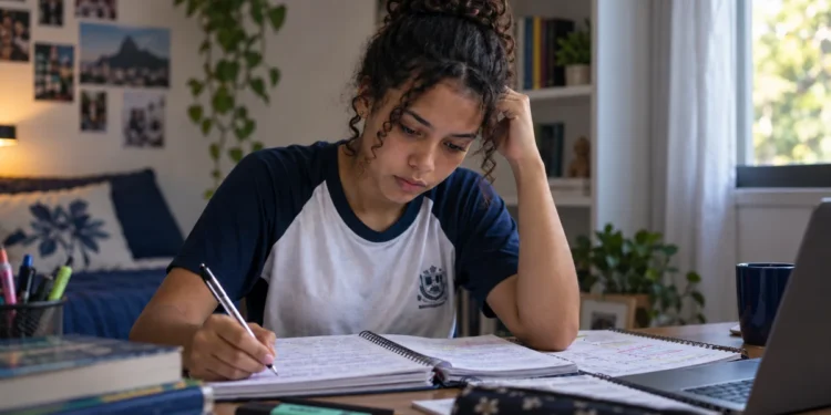 Estudante revisando conteúdos em casa, representando a preparação para o Enem 2026 nas últimas semanas antes da prova.