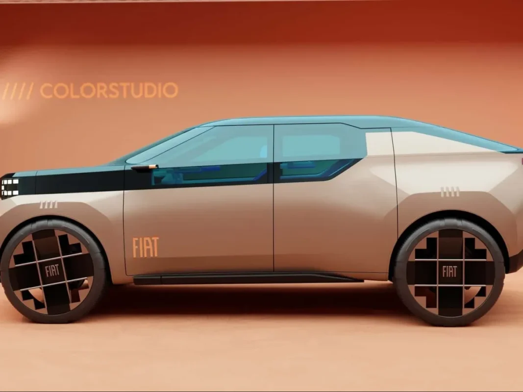 fiat panda fastback concept Carro Fastback conceito da Fiat com design futurista e linhas angulares em tom bege e azul