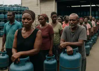 Pessoas em fila segurando botijões de gás