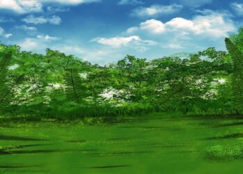 Ilusão de ótica com desenho de uma paisagem verdejante com árvores, grama e céu azul com nuvens brancas.