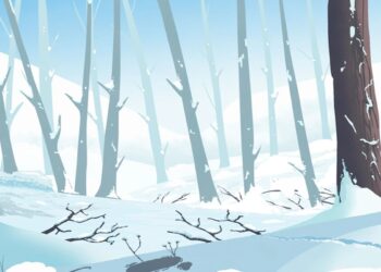 Ilusão de ótica com uma cena de floresta coberta de neve com árvores altas e galhos no chão durante o inverno