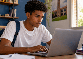 Estudante realiza inscrição on-line no Prouni 2026 pelo notebook.