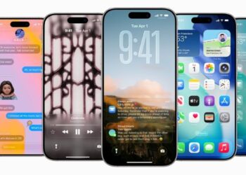 Imagem de telas do iPhone exibindo o novo iOS 26 com foco na interface visual e novos recursos.