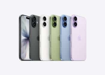 Smartphones iPhone 17 em diferentes cores, como preto, branco, verde, azul e roxo, dispostos lado a lado.