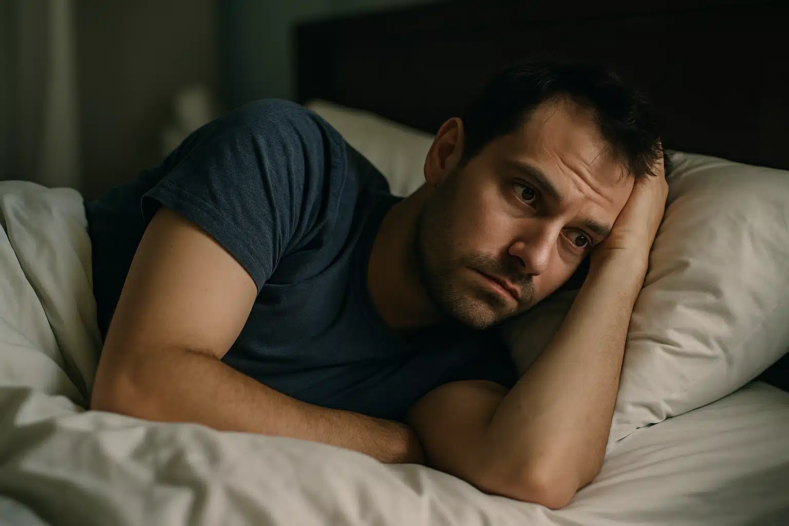 Homem pensativo deitado na cama Homem deitado na cama com expressão pensativa ou triste