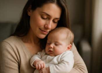 Mãe segurando seu bebê recém-nascido, ambos em um momento de afeto e tranquilidade.