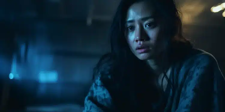 Mulher com expressão de medo em ambiente escuro, refletindo o temor do escuro comum até em adultos.