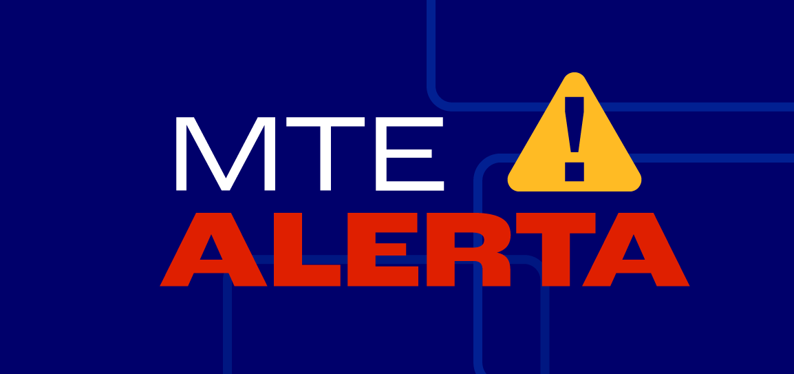 Sinal de alerta amarelo com ponto de exclamação e texto MTE alerta em fundo azul escuro