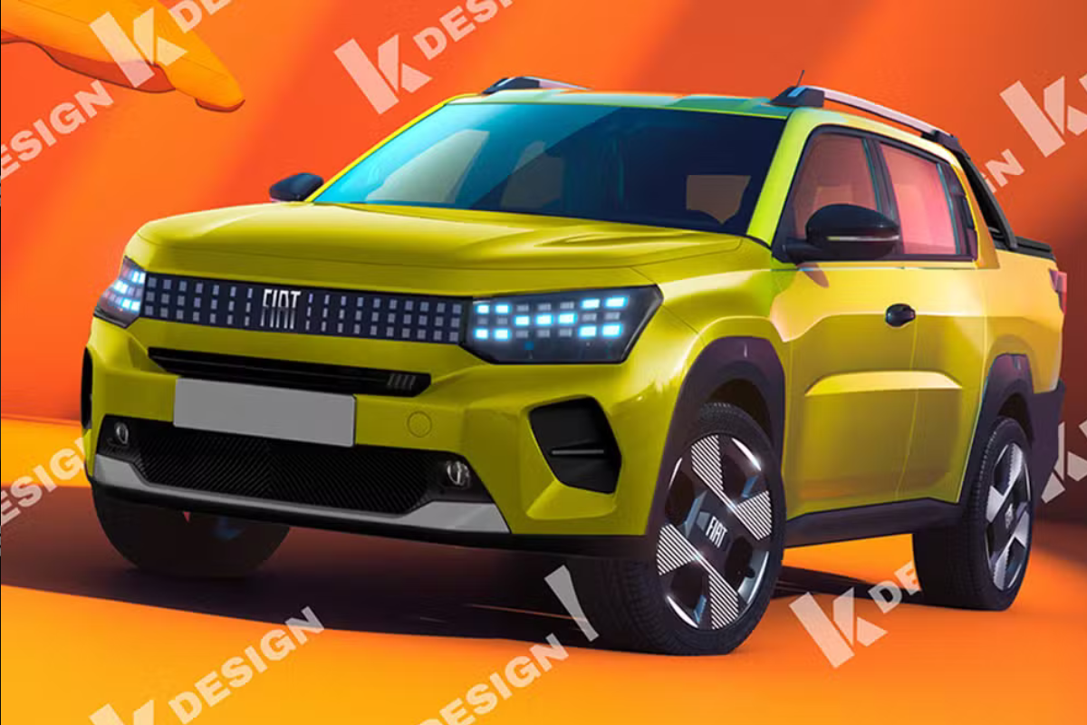 Nova Strada iat Strada Fiat amarela com faróis de LED acesos sobre piso e parede laranja vibrante