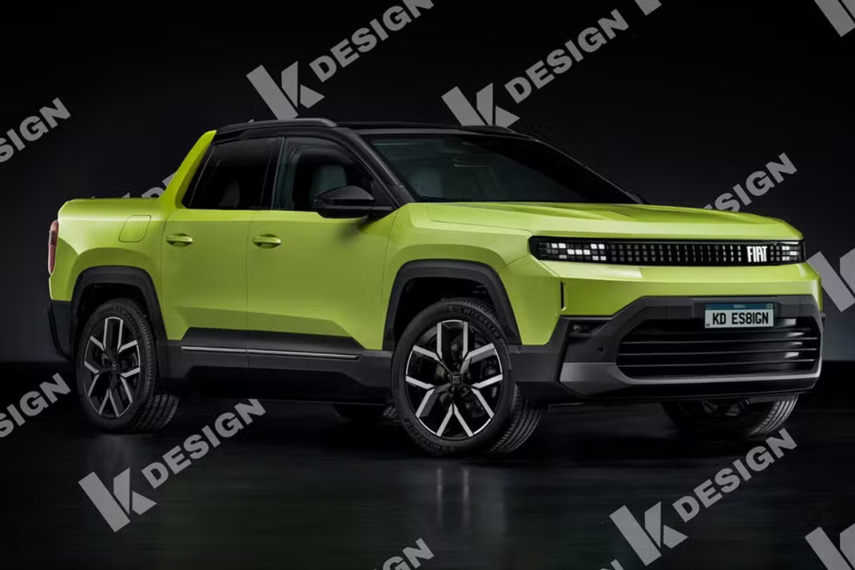 Nova Toro Fiat Picape elétrica Fiat verde com design moderno e rodas grandes em fundo escuro