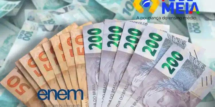 Nota de R$ 200, R$ 50 e R$ 100 com fundo de cédulas de dinheiro e logotipo do ENEM e Pé-de-Meia, programa que oferece incentivo financeiro aos participantes do Enem 2025.