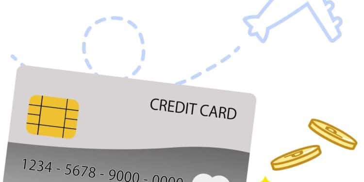 Ilustração de um cartão de crédito, moedas e um avião, representando a conversão de pontos em milhas para viajar.