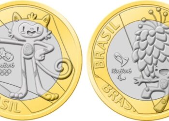 Duas moedas de 1 real comemorativas dos Jogos Olímpicos e Paralímpicos Rio 2016, mostrando os mascotes Vinícius e Tom.
