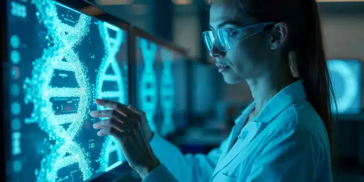 Cientista analisando representação digital de DNA em ambiente tecnológico.