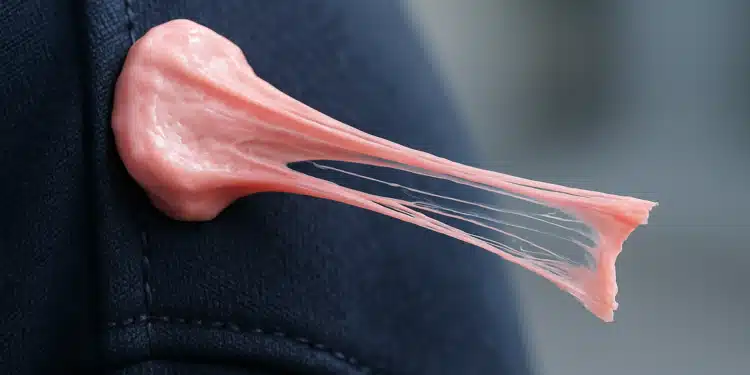 Chiclete grudado em uma roupa azul, difícil de remover