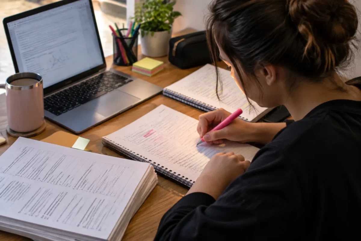 Estudante revisando anotações e corrigindo erros em caderno de estudos durante preparação para o Enem