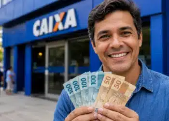 Homem segura cédulas de real em frente a uma agência da Caixa, em referência ao saque de até R$ 6.220 do FGTS.