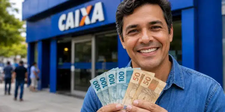 Homem segura cédulas de real em frente a uma agência da Caixa, em referência ao saque de até R$ 6.220 do FGTS.
