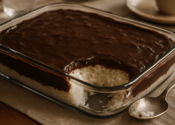 Travessa de vidro com cocada em camadas de coco e chocolate mostrando variação gourmet da receita tradicional