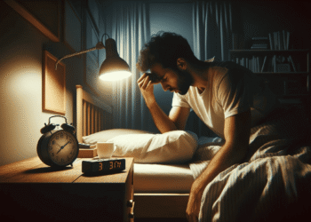 Homem acordando no meio da noite, frustrado por não conseguir dormir.